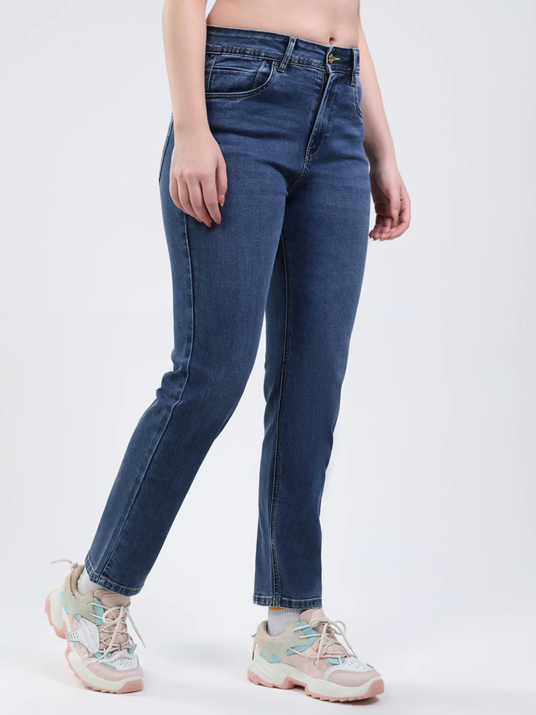Women Blue Solid Straight Fit Denim - Image 4