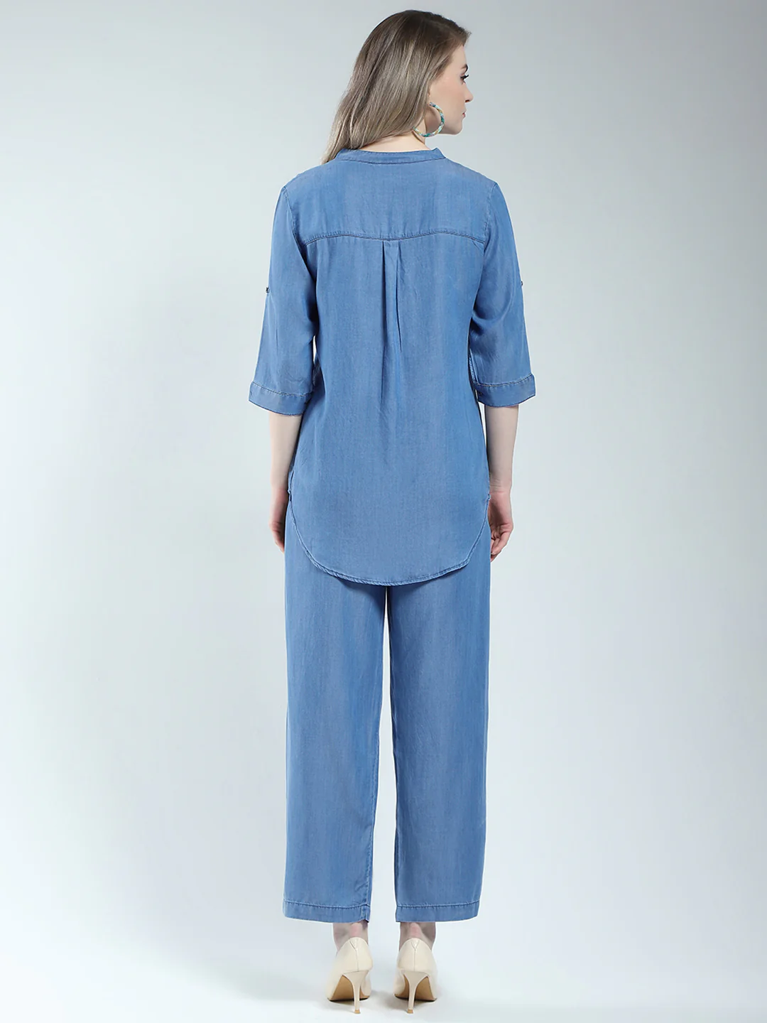Women Blue Solid Round Neck 3/4th Sleeve Cords Set - Image 5
