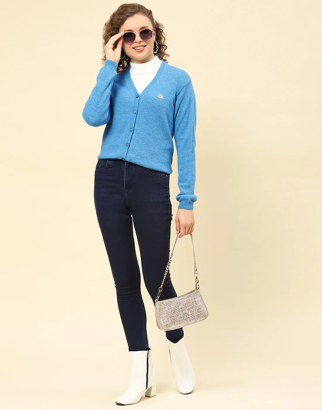 Women Blue Solid V Neck Full Sleeve Cardigan - Image 2