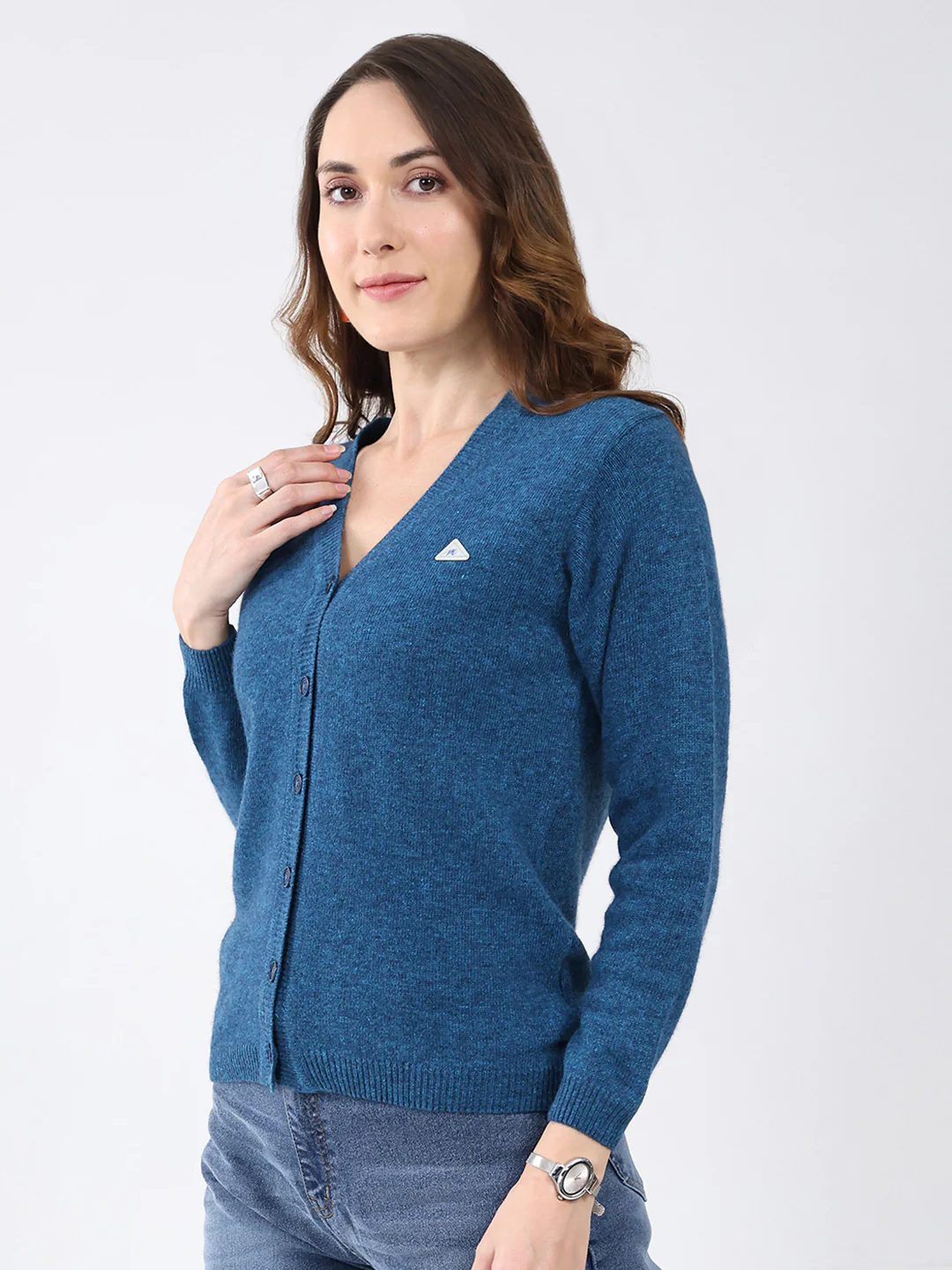 Women Blue Solid V Neck Full Sleeve Cardigan - Image 3