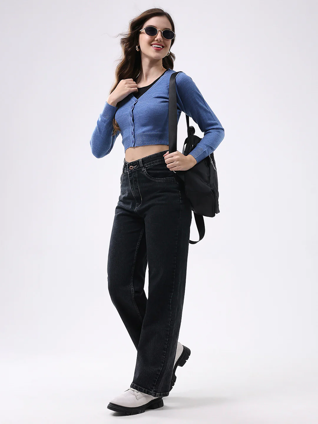 Women Blue Solid V Neck Full Sleeve Cardigan - Image 2