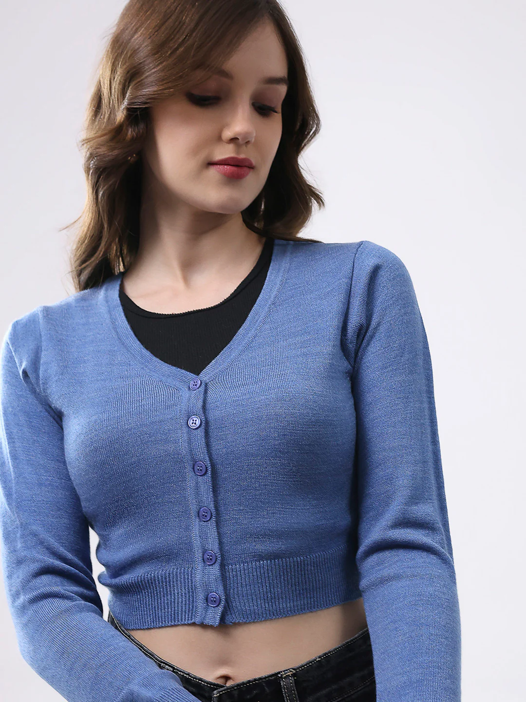 Women Blue Solid V Neck Full Sleeve Cardigan - Image 6