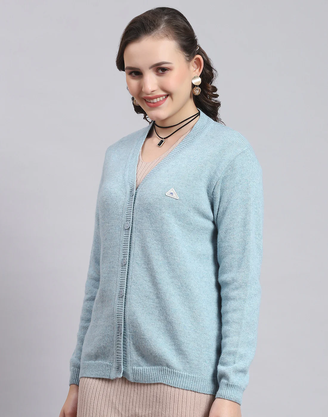 Women Blue Solid V Neck Full Sleeve Sweater - Image 3