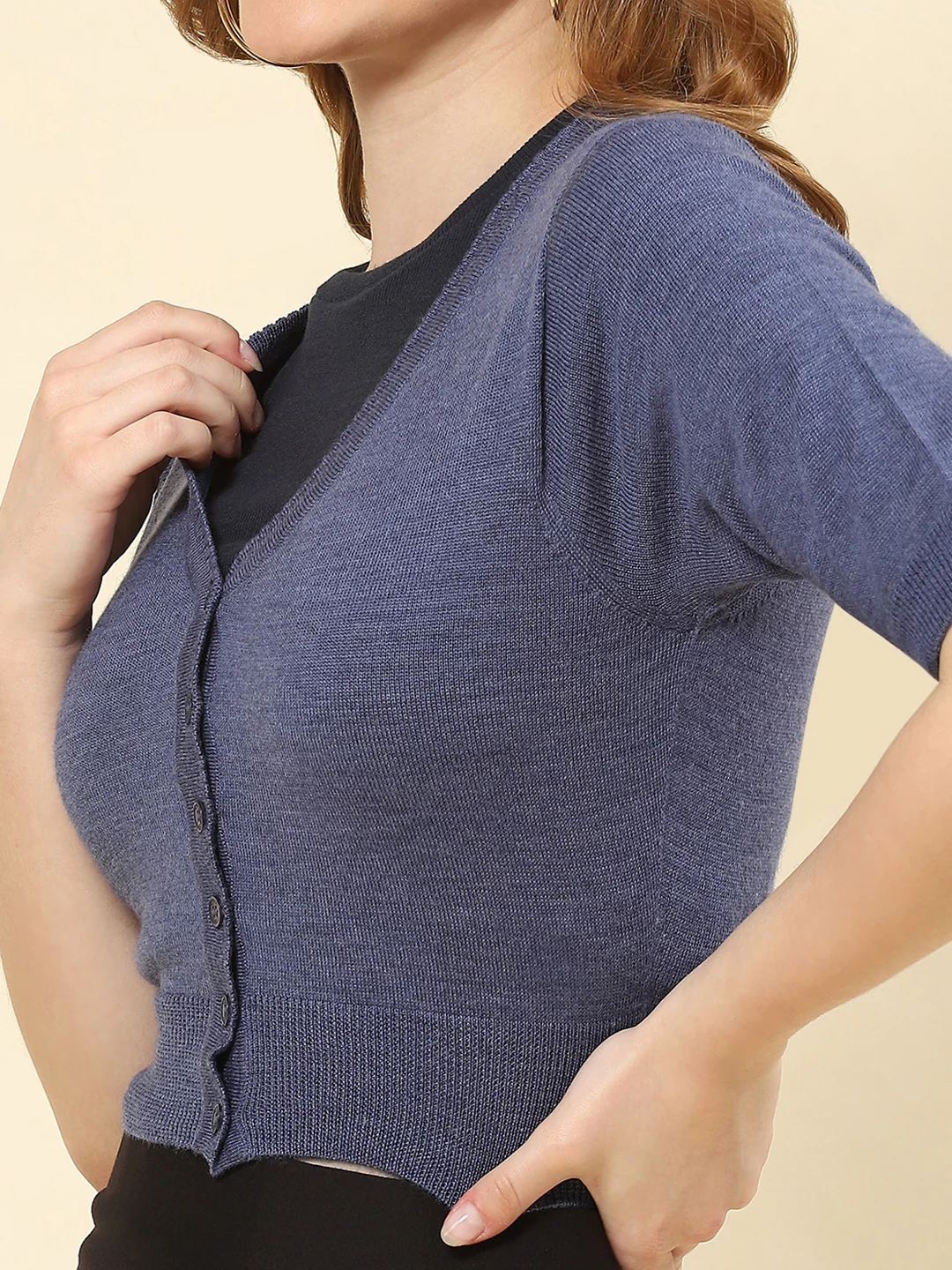 Women Blue Solid V Neck Half Sleeve Blouse - Image 6
