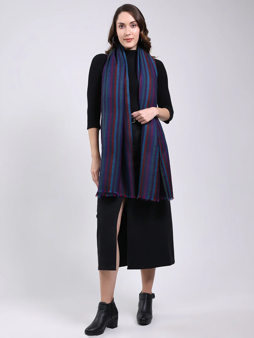 Women Blue Solid Wool Blend Shawl - Image 5
