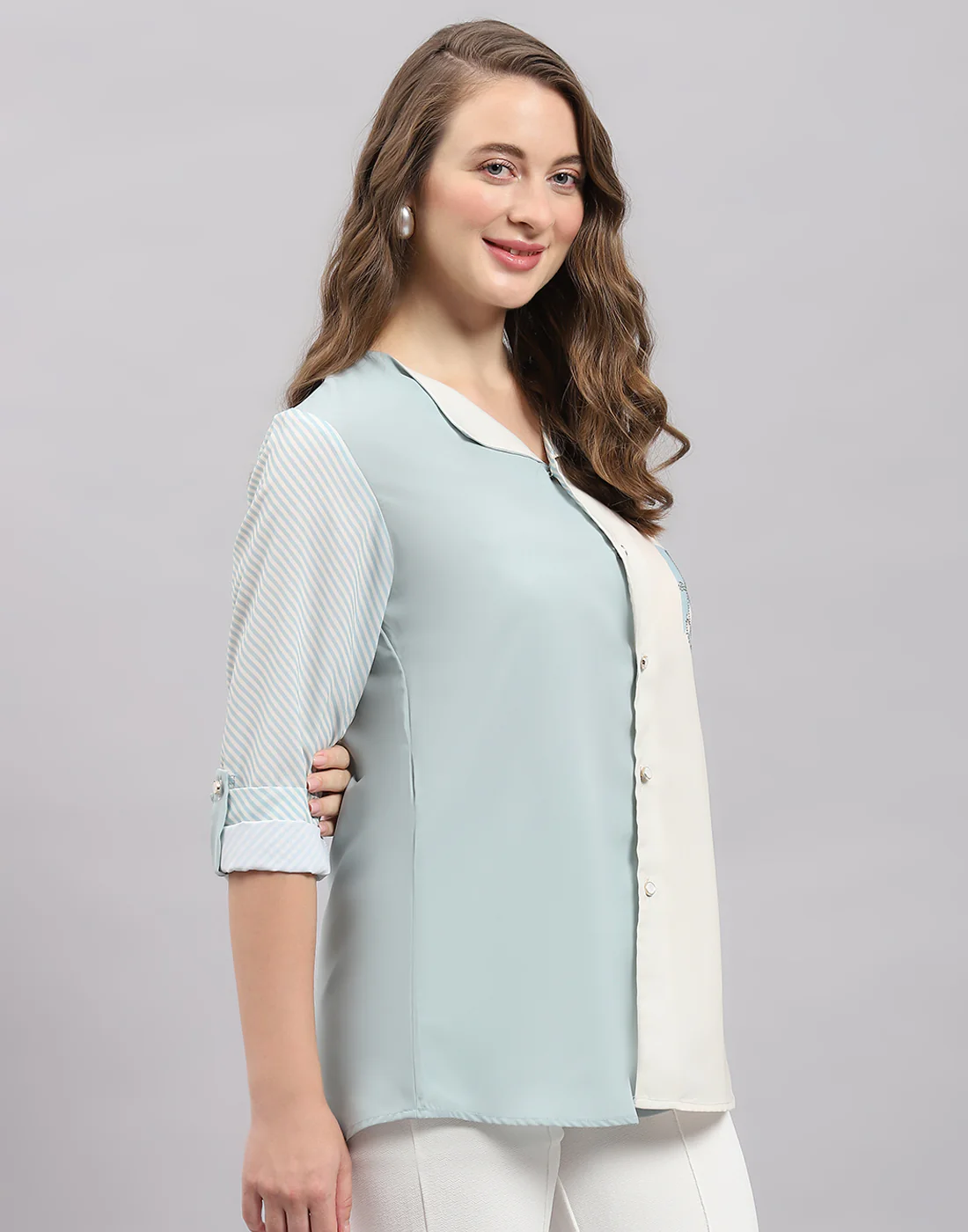 Women Blue Stripe Collar 3/4th Sleeve Top - Image 4