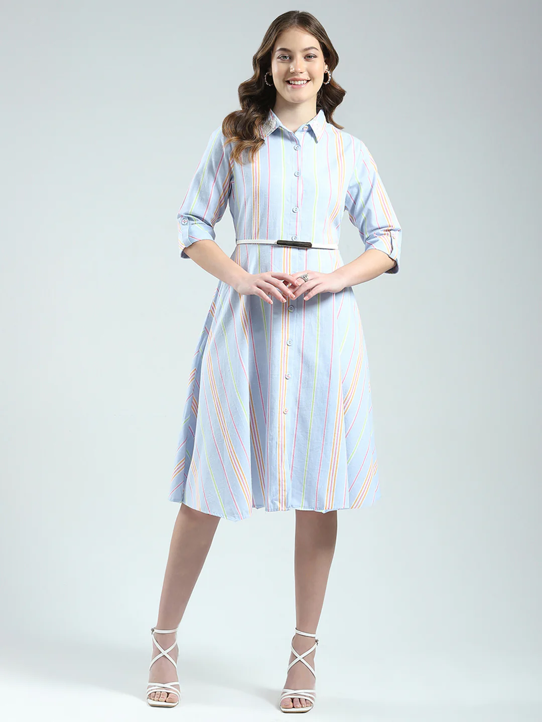 Women Blue Stripe Round Neck 3/4th Sleeve Dress - Image 2