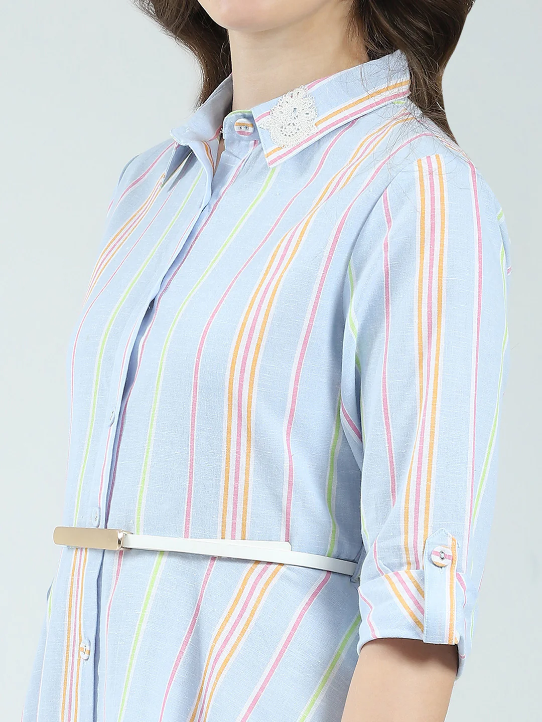 Women Blue Stripe Round Neck 3/4th Sleeve Dress - Image 7