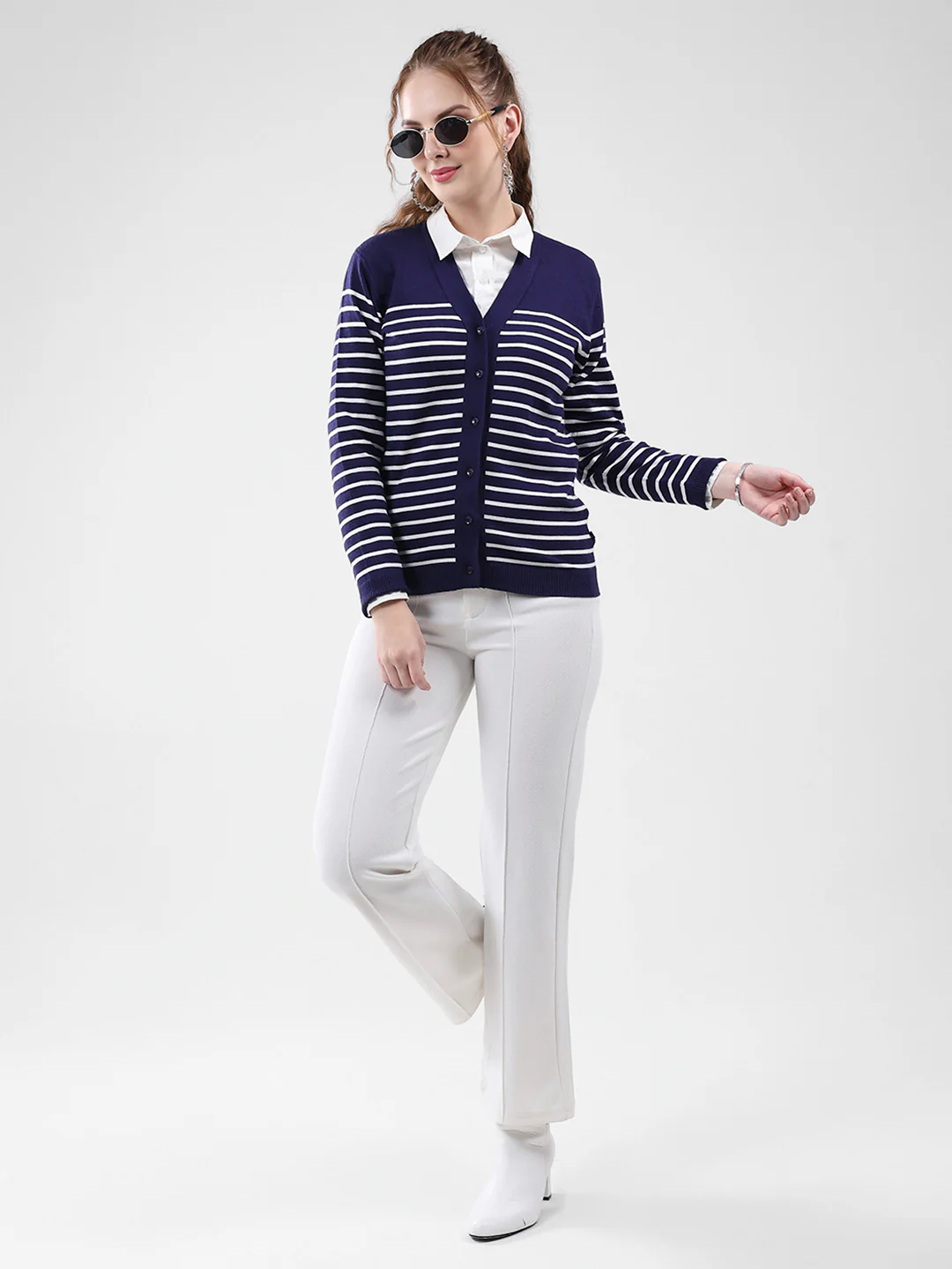 Women Blue Stripe V Neck Full Sleeve Cardigan - Image 2