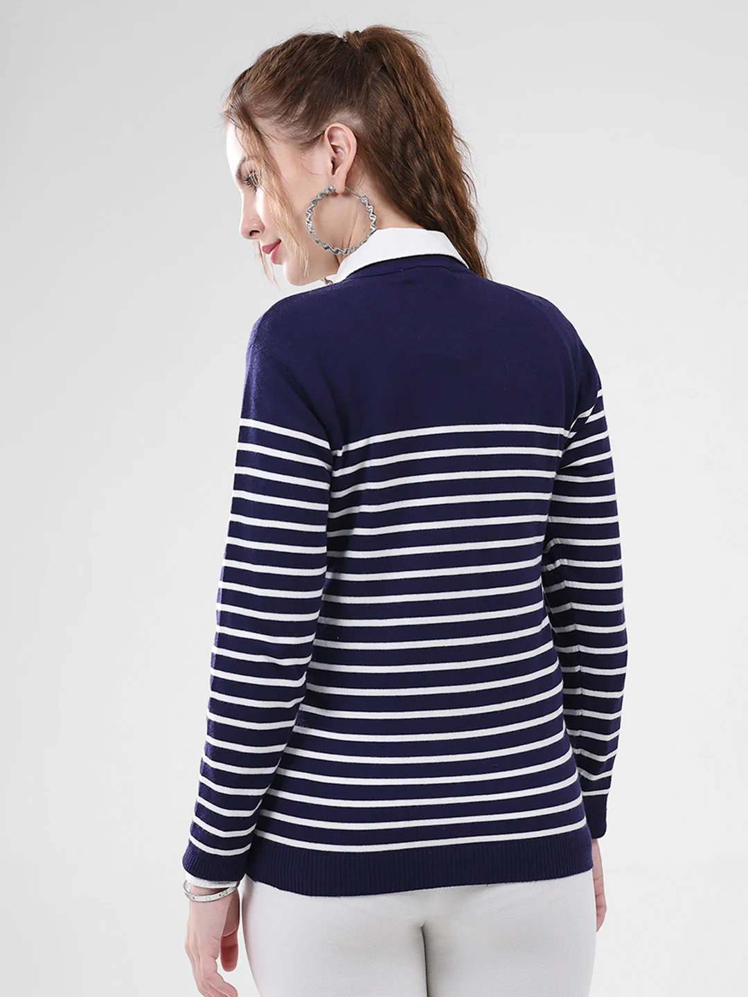 Women Blue Stripe V Neck Full Sleeve Cardigan - Image 5