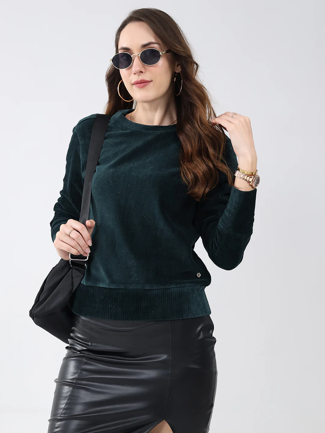 Women Bottle Green Solid Round Neck Full Sleeve Sweatshirt - Image 6