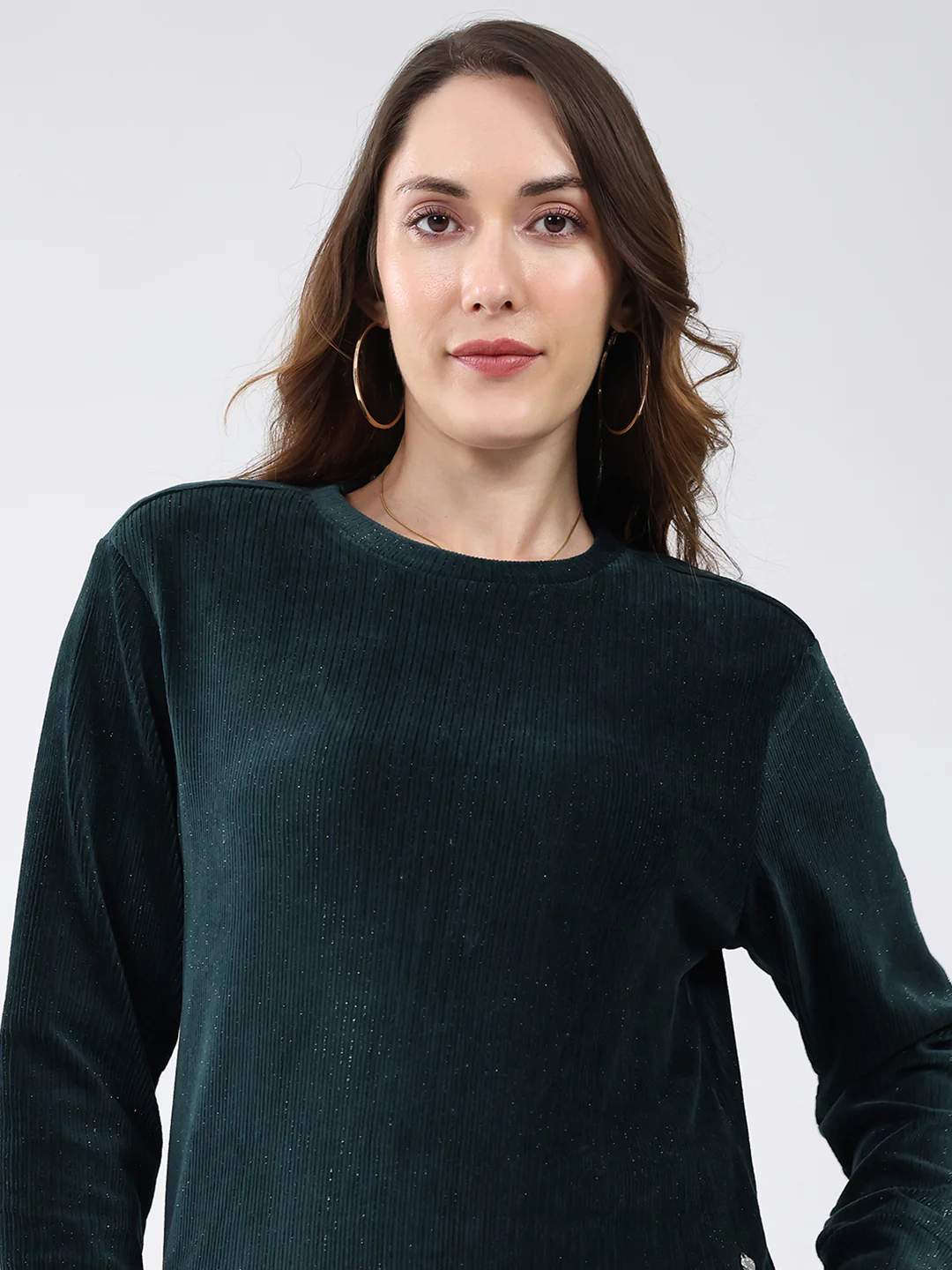 Women Bottle Green Solid Round Neck Full Sleeve Sweatshirt - Image 7