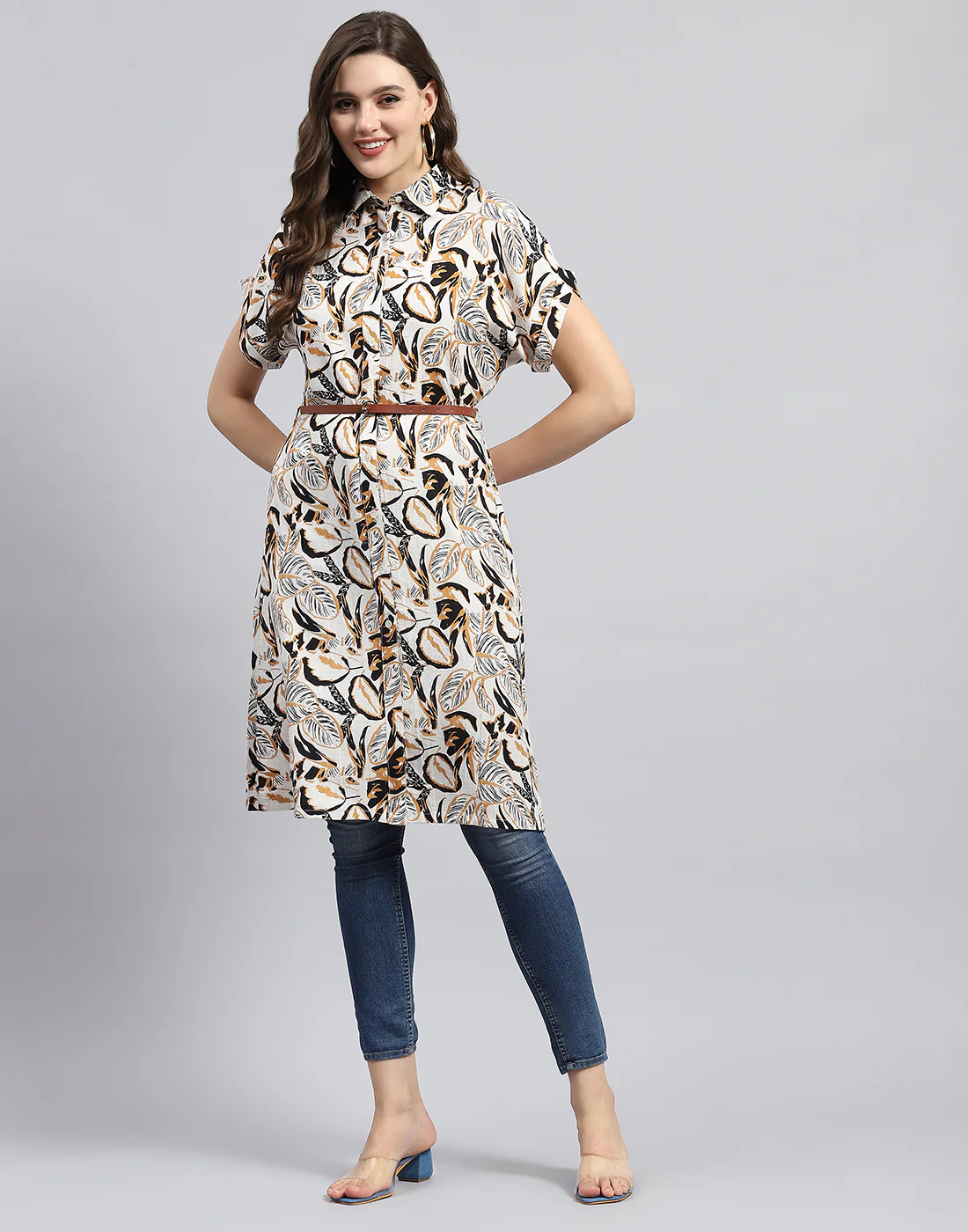 Women Brown & Black Printed Collar Half Sleeve Tunic - Image 3
