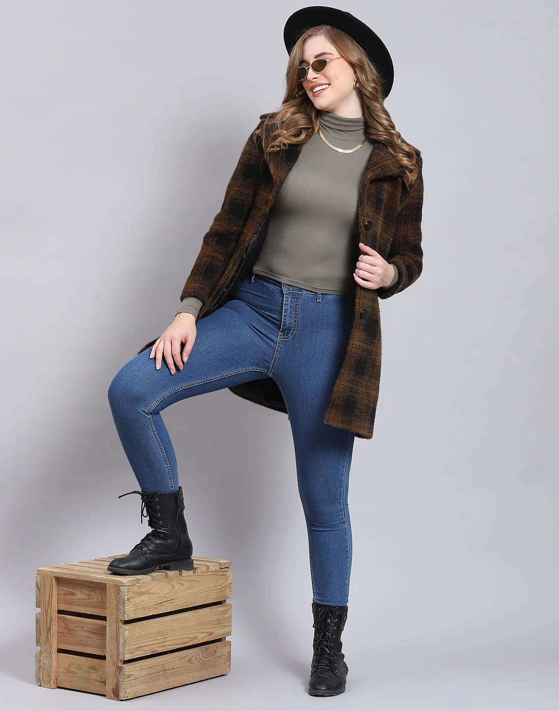 Women Brown Check Lapel Collar Full Sleeve Coat - Image 2