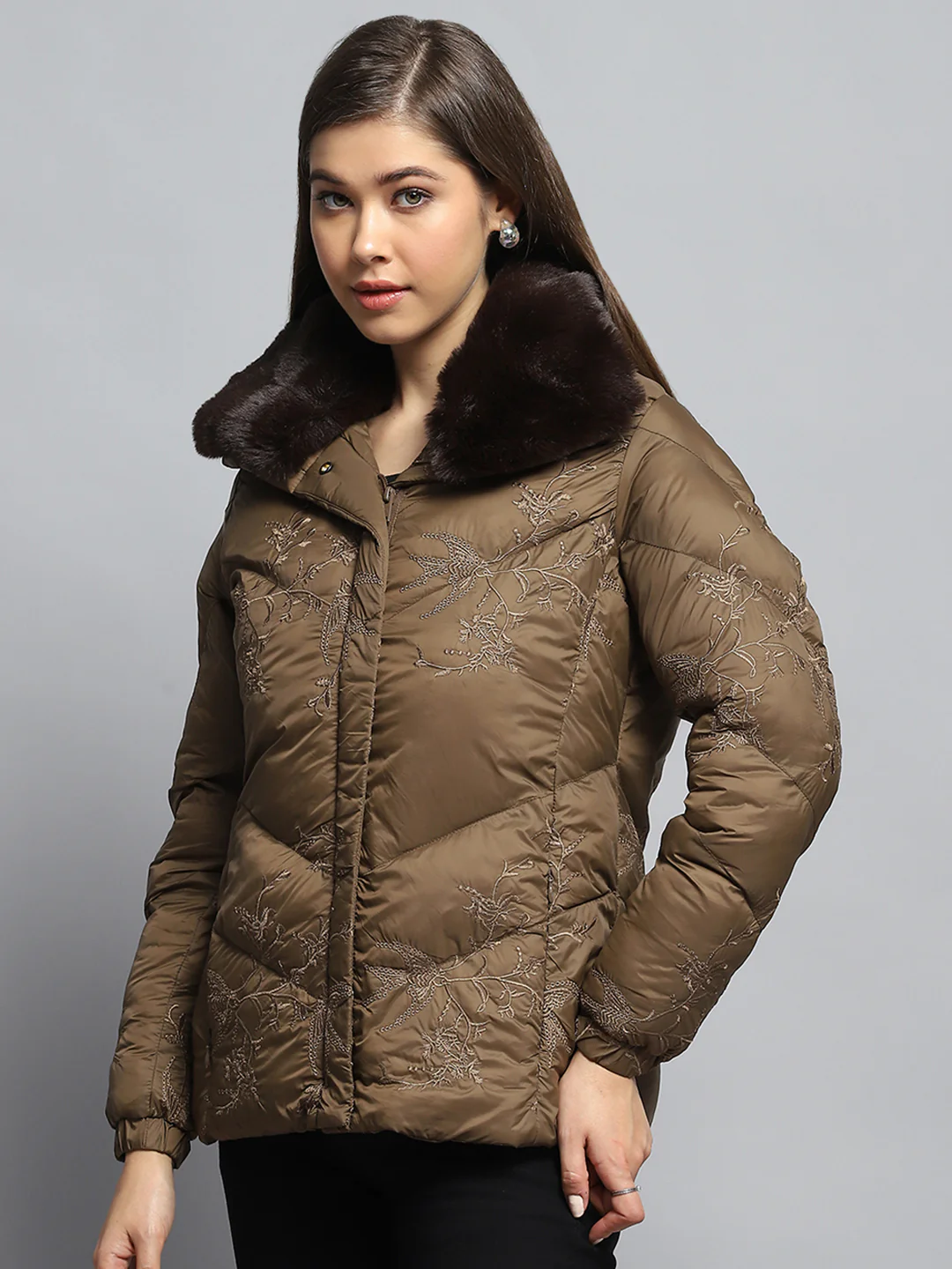 Women Brown Embroidered Collar Full Sleeve Jacket - Image 3