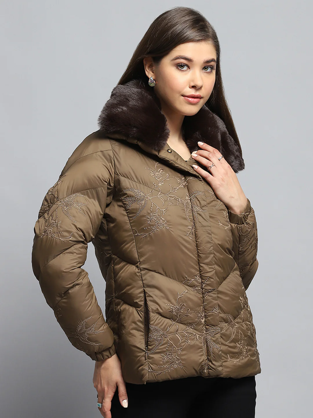 Women Brown Embroidered Collar Full Sleeve Jacket - Image 4