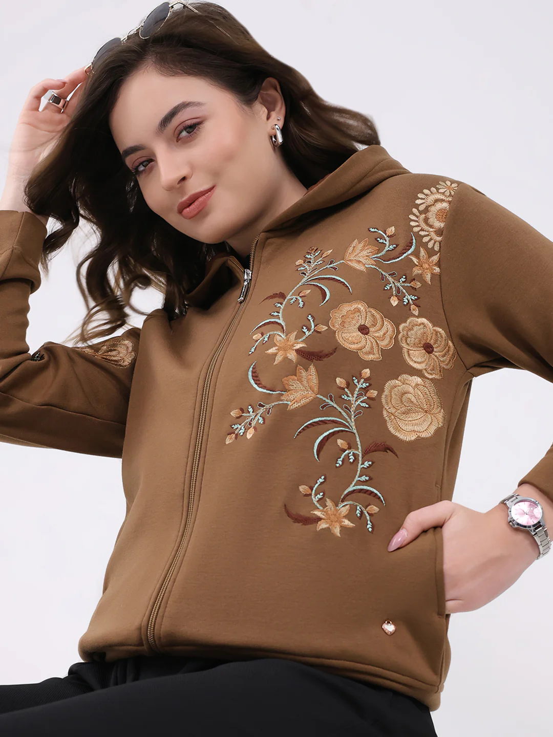 Women Brown Embroidered Hooded Full Sleeve Sweatshirt - Image 6