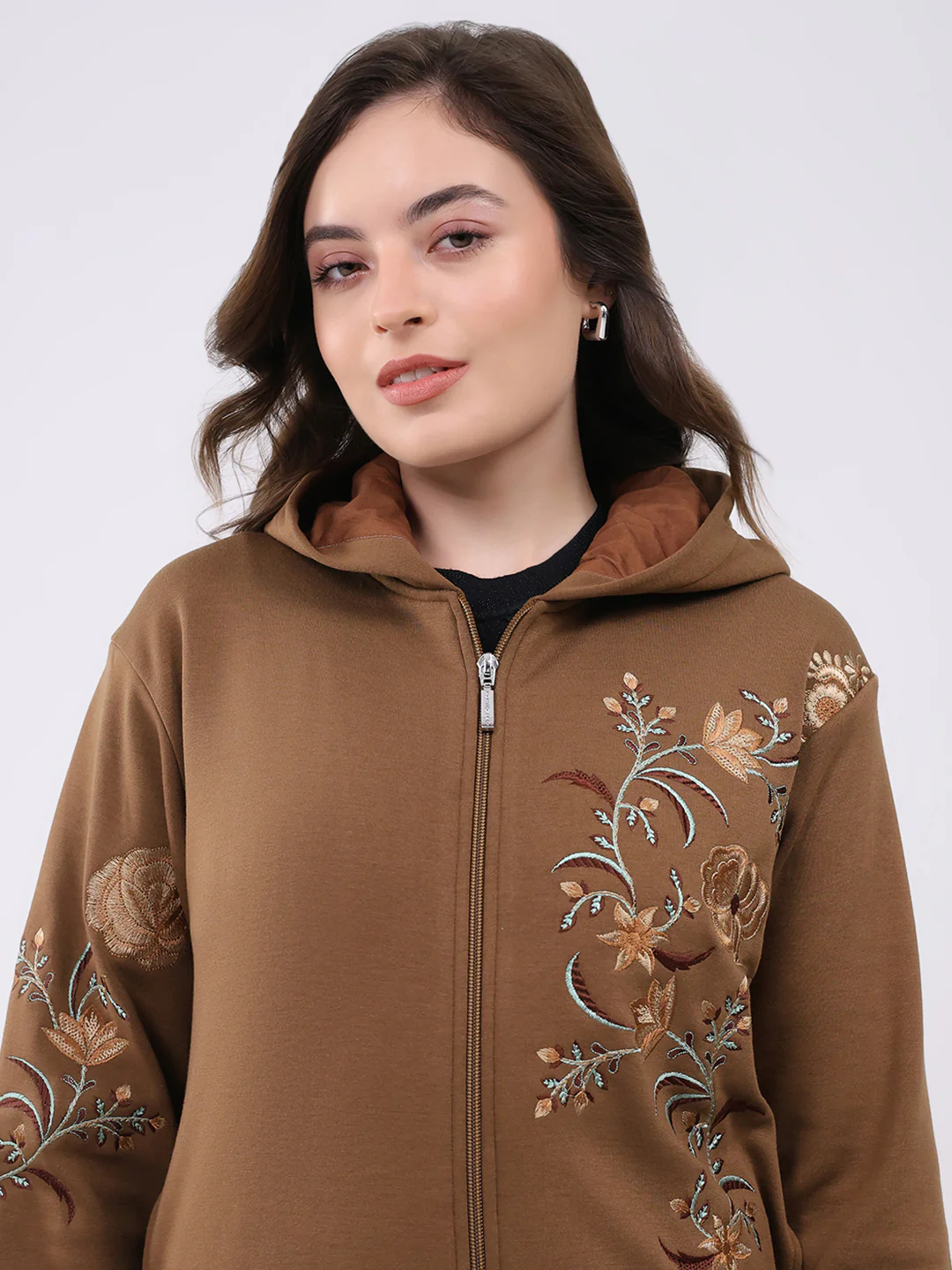 Women Brown Embroidered Hooded Full Sleeve Sweatshirt - Image 7