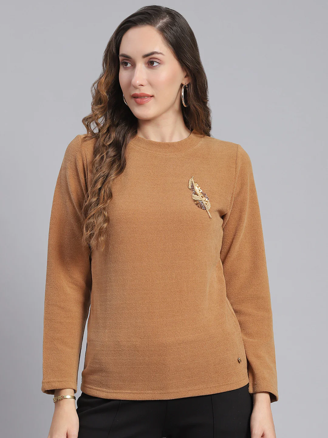 Women Brown Embroidered Round Neck Full Sleeve Sweater - Image 3