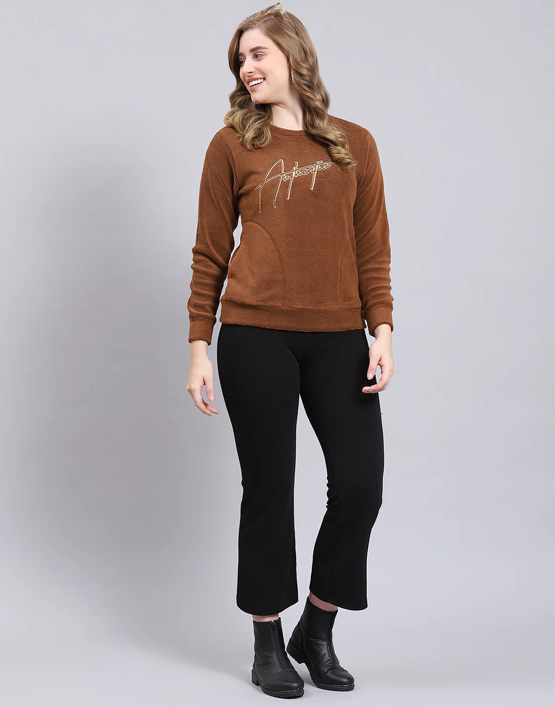 Women Brown Embroidered Round Neck Full Sleeve Sweatshirt - Image 2
