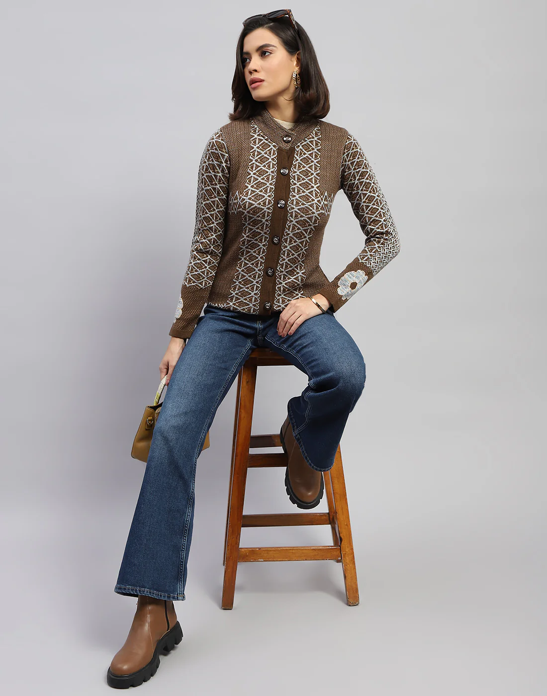 Women Brown Jaquard Round Neck Full Sleeve Cardigan - Image 2
