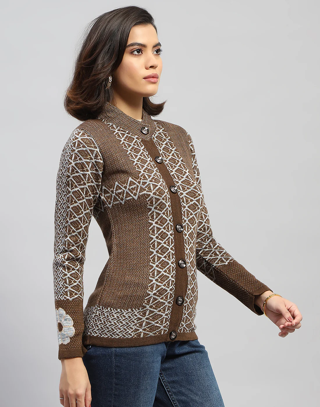 Women Brown Jaquard Round Neck Full Sleeve Cardigan - Image 5