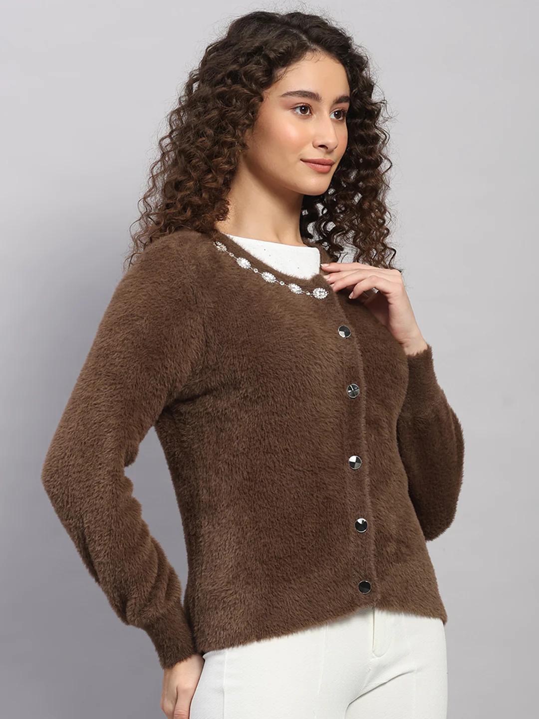 Women Brown Jaquard Round Neck Full Sleeve Cardigan - Image 4