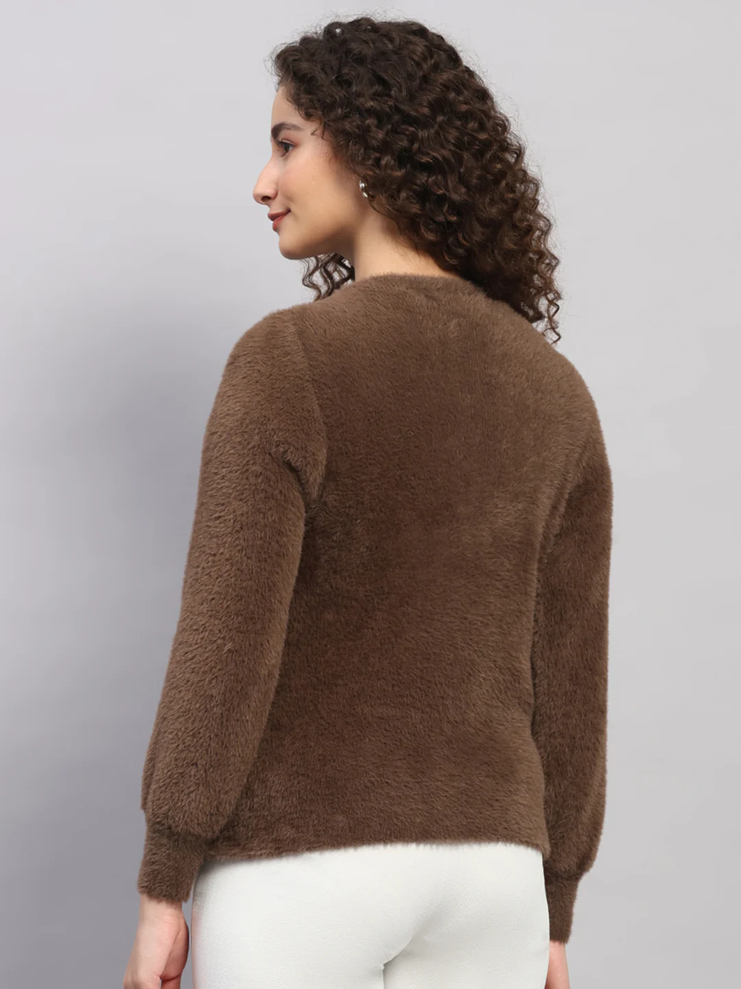 Women Brown Jaquard Round Neck Full Sleeve Cardigan - Image 5