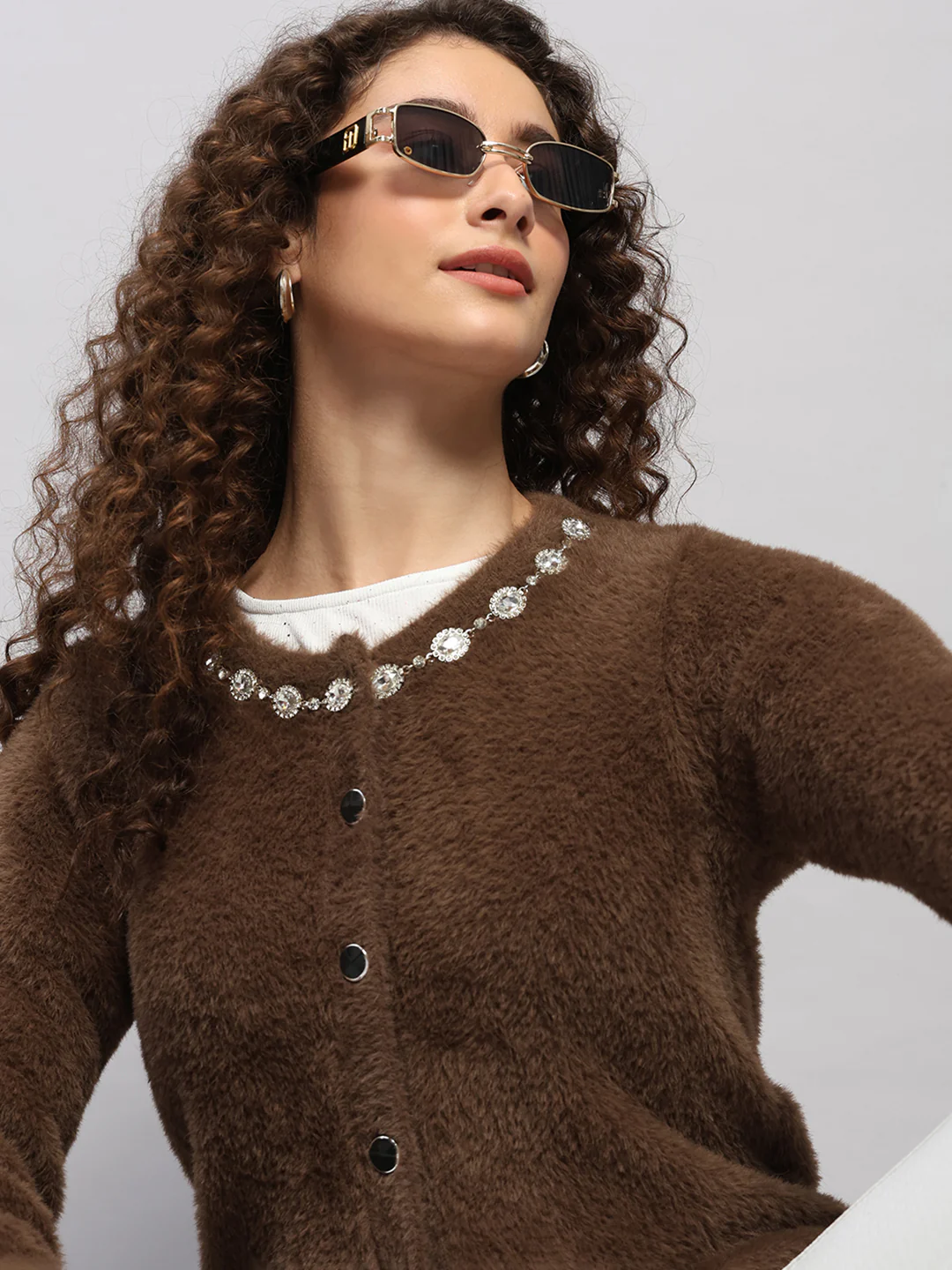 Women Brown Jaquard Round Neck Full Sleeve Cardigan - Image 6