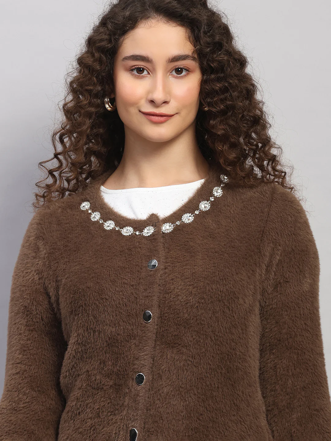Women Brown Jaquard Round Neck Full Sleeve Cardigan - Image 7