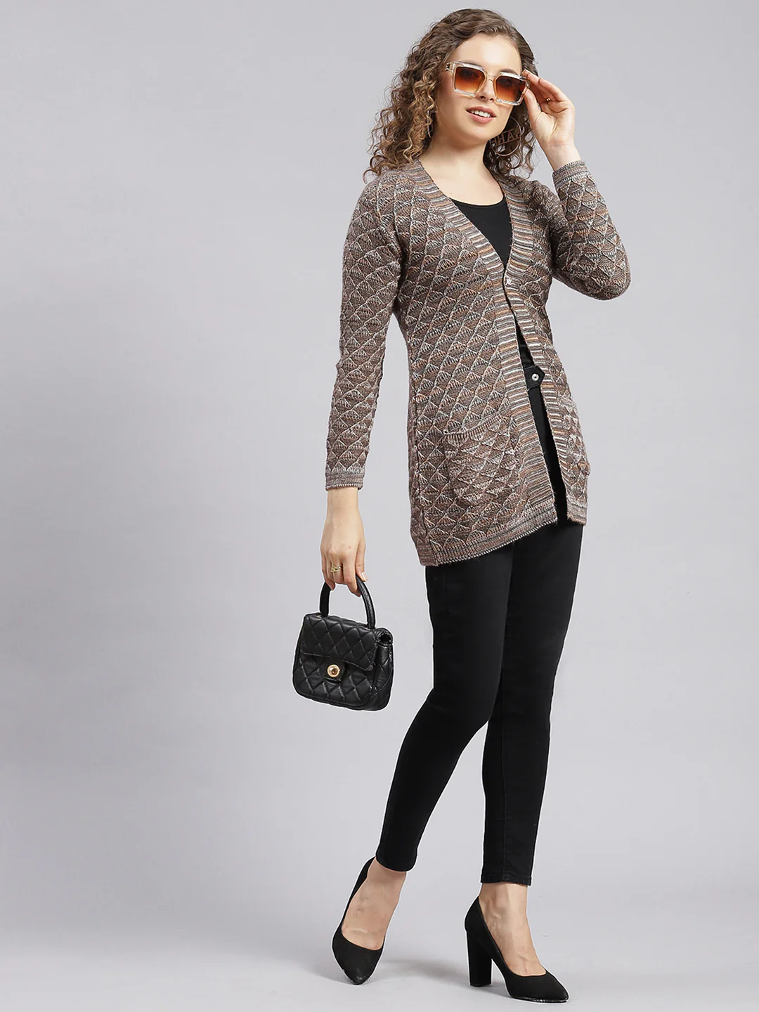 Women Brown Jaquard Wool blend Cardigan - Image 2