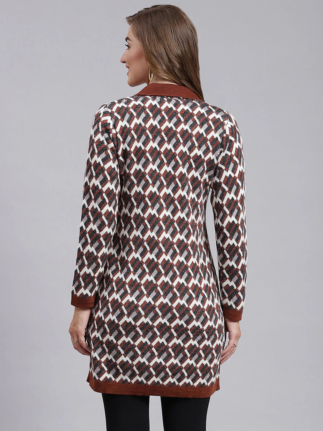 Women Brown Jaquard Wool blend Knitted Coat - Image 4