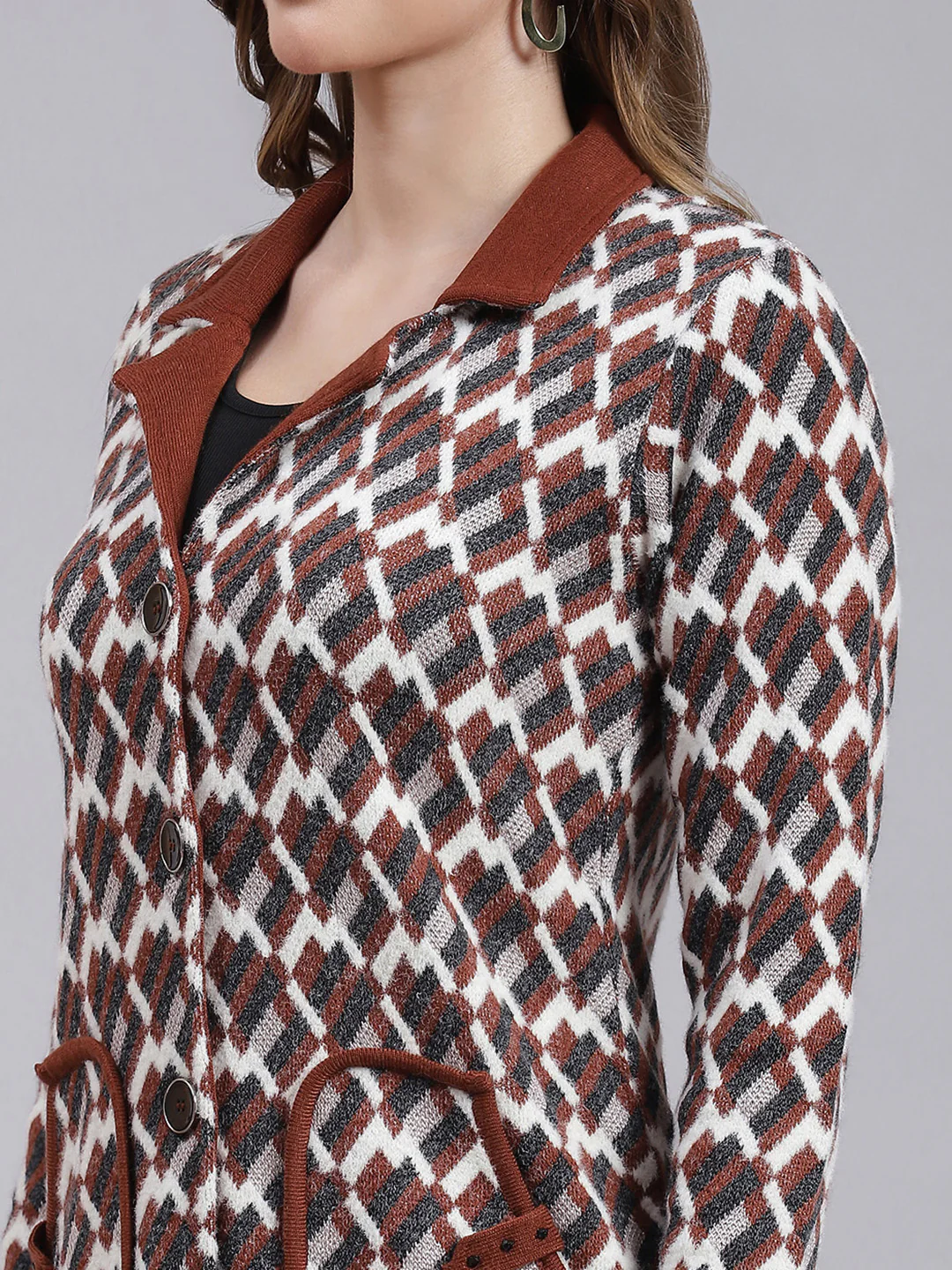 Women Brown Jaquard Wool blend Knitted Coat - Image 6