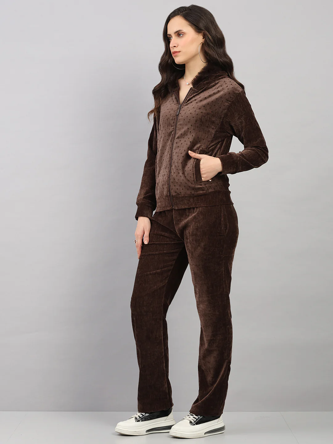 Women Brown Polka Dots Hooded Full Sleeve Winter Tracksuit - Image 3