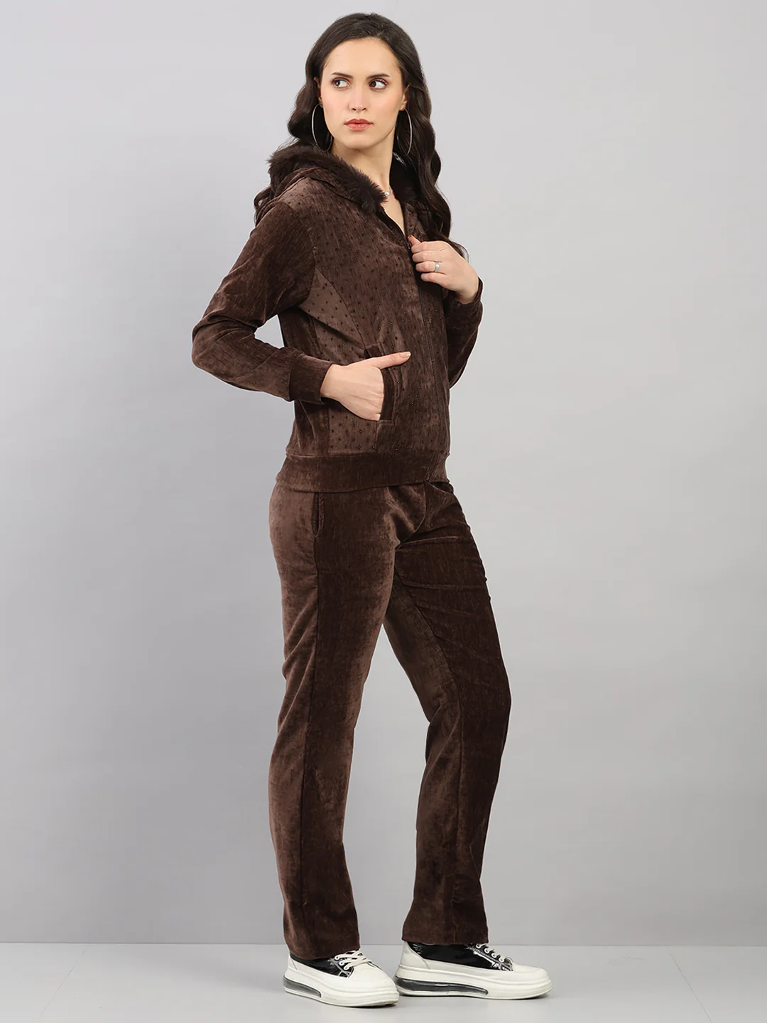 Women Brown Polka Dots Hooded Full Sleeve Winter Tracksuit - Image 4