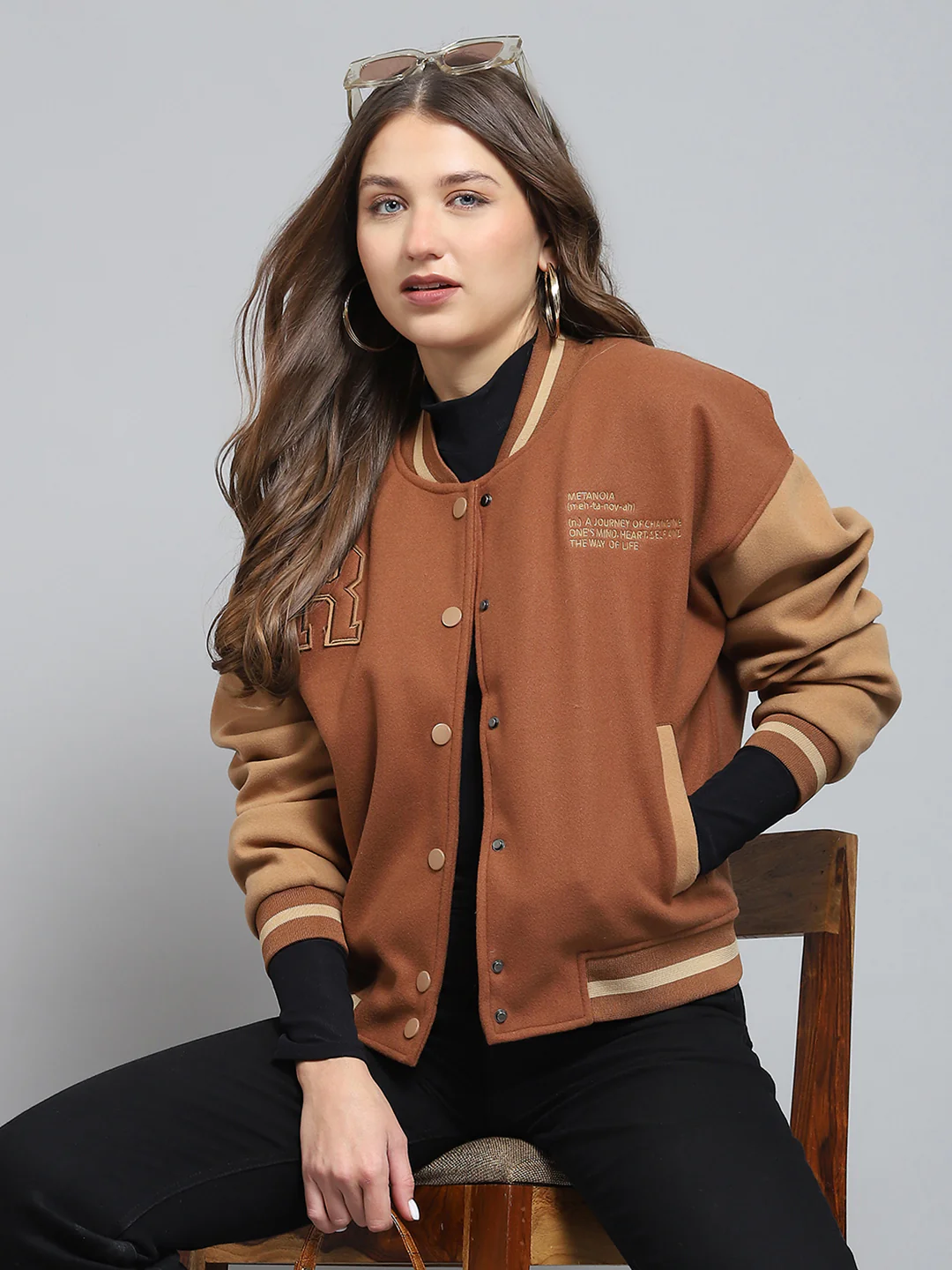Rock.it Women Brown Printed Band Collar Full Sleeve Jacket - Image 6