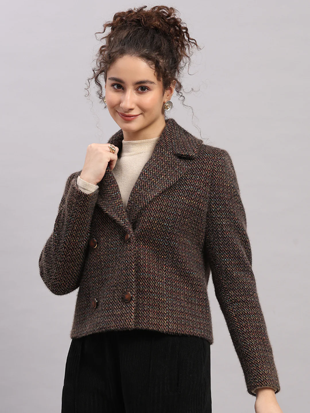 Women Brown Printed Collar Full Sleeve Coat - Image 3