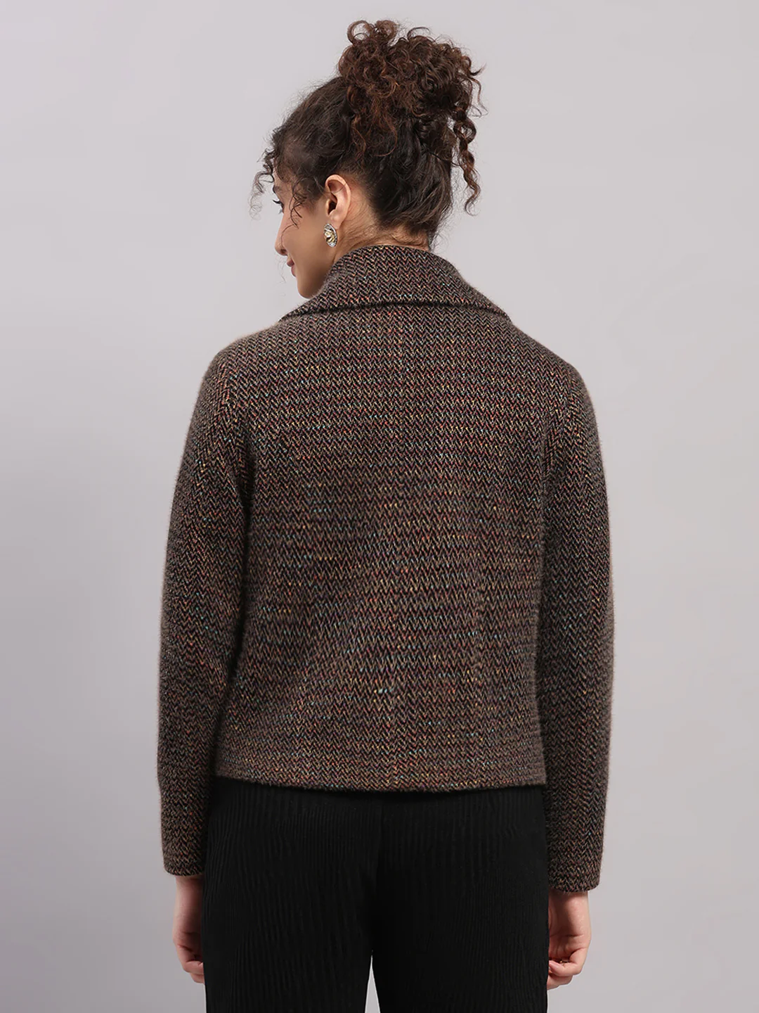 Women Brown Printed Collar Full Sleeve Coat - Image 5