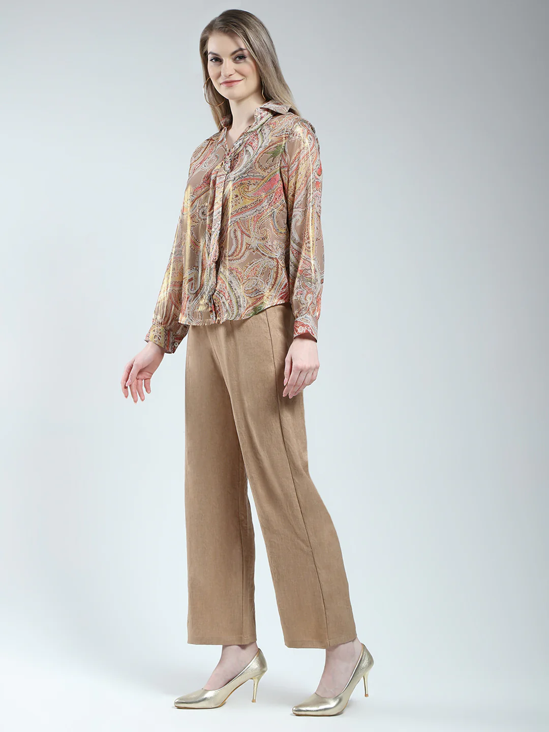 Women Brown Printed Collar Full Sleeve Cords Set - Image 3