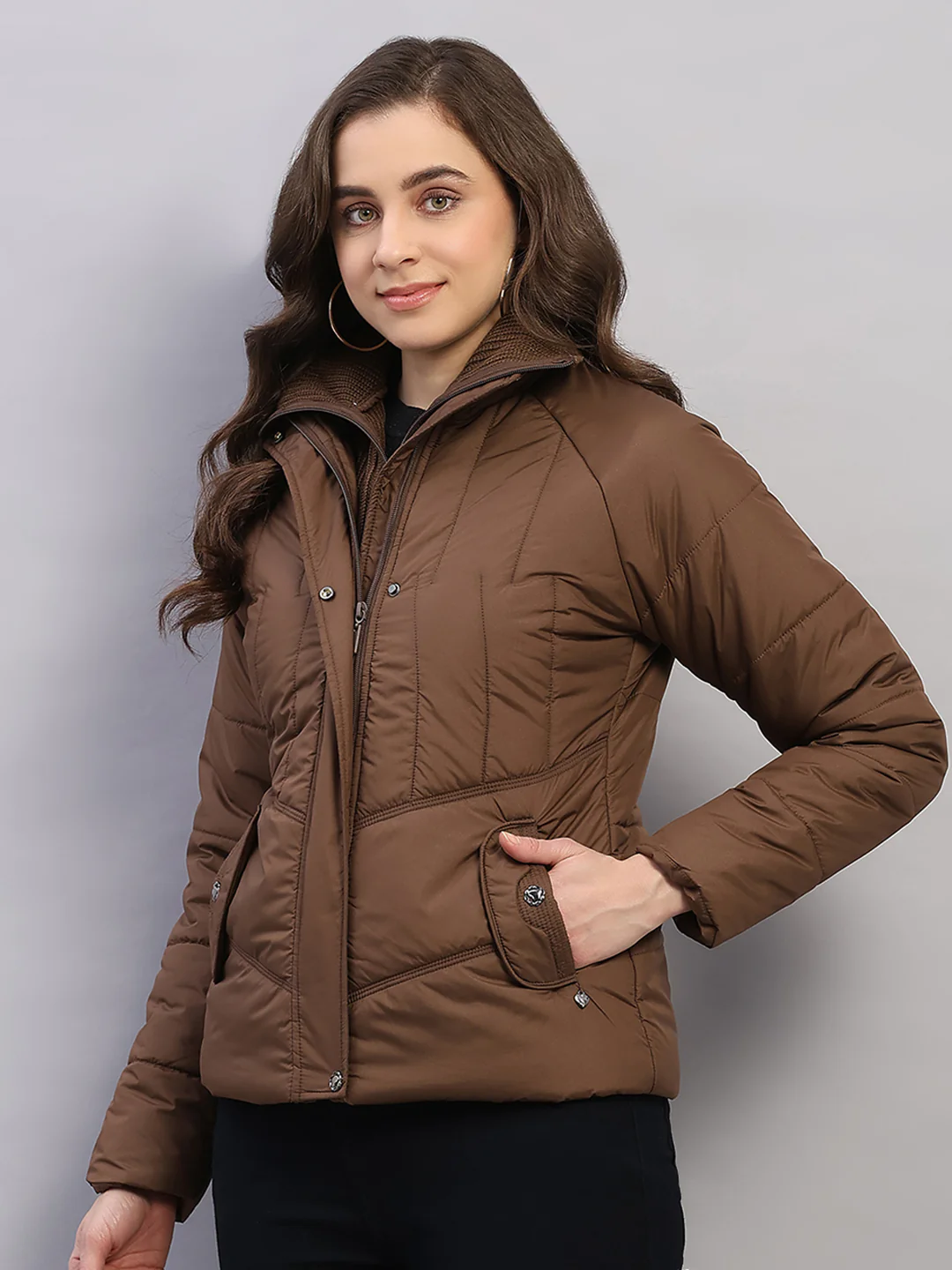 Women Brown Printed Collar Full Sleeve Jacket - Image 3