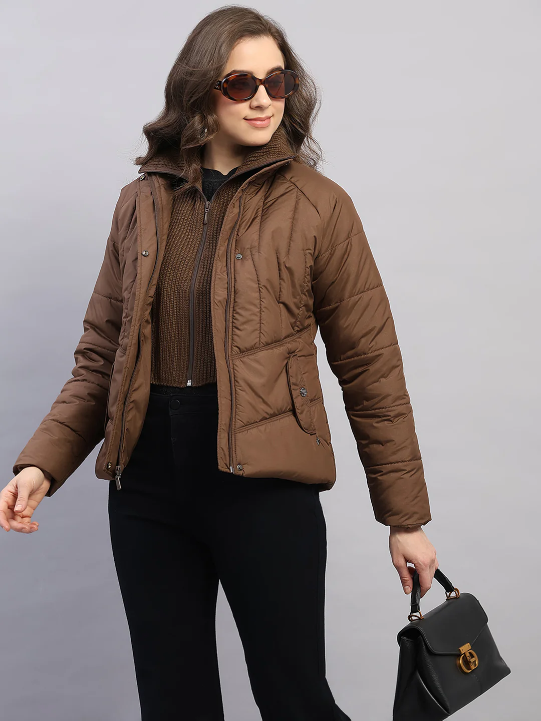 Women Brown Printed Collar Full Sleeve Jacket - Image 6