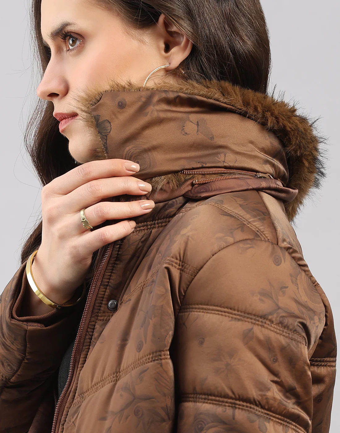 Women Brown Printed Collar Full Sleeve Jacket - Image 7