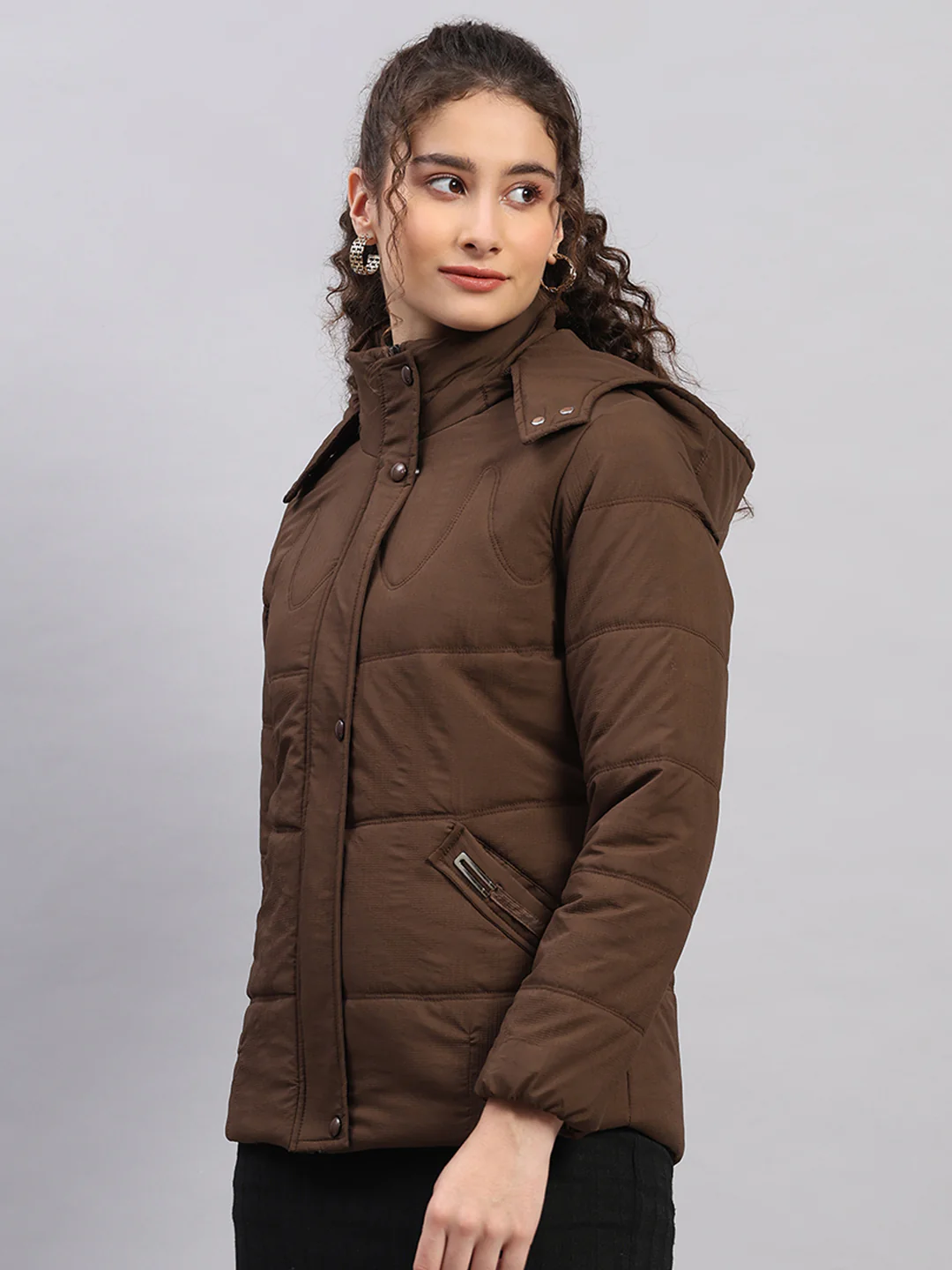 Women Brown Printed Hooded Full Sleeve Jacket - Image 3