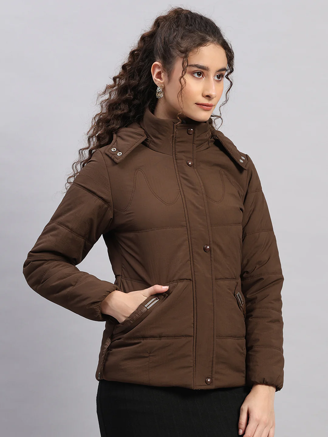 Women Brown Printed Hooded Full Sleeve Jacket - Image 4