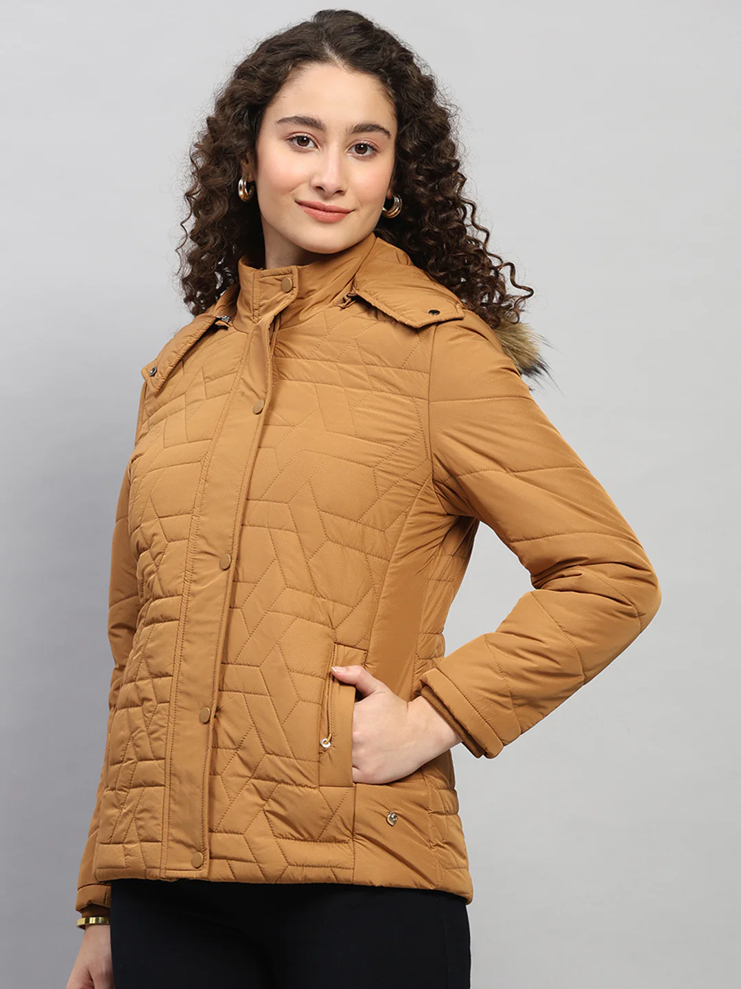 Women Brown Printed Hooded Full Sleeve Jacket - Image 3