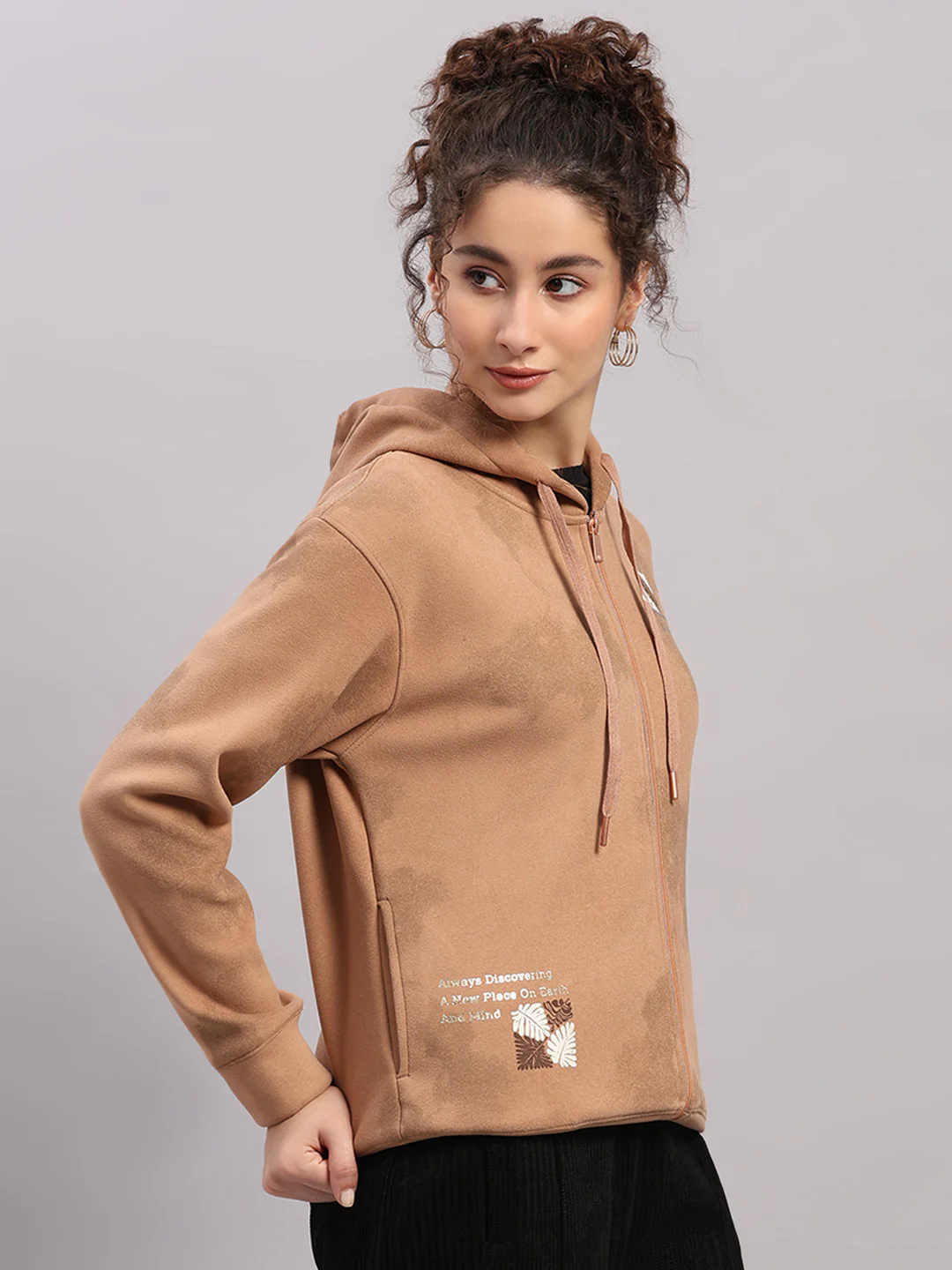 Women Brown Printed Hooded Full Sleeve Sweatshirt - Image 4