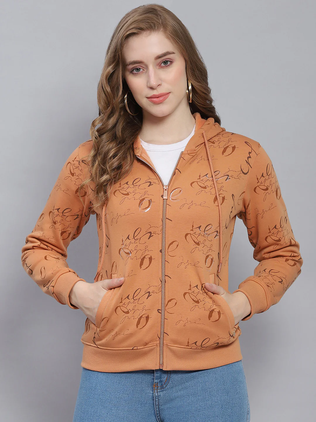 Women Brown Printed Hooded Full Sleeve Sweatshirts - Image 2