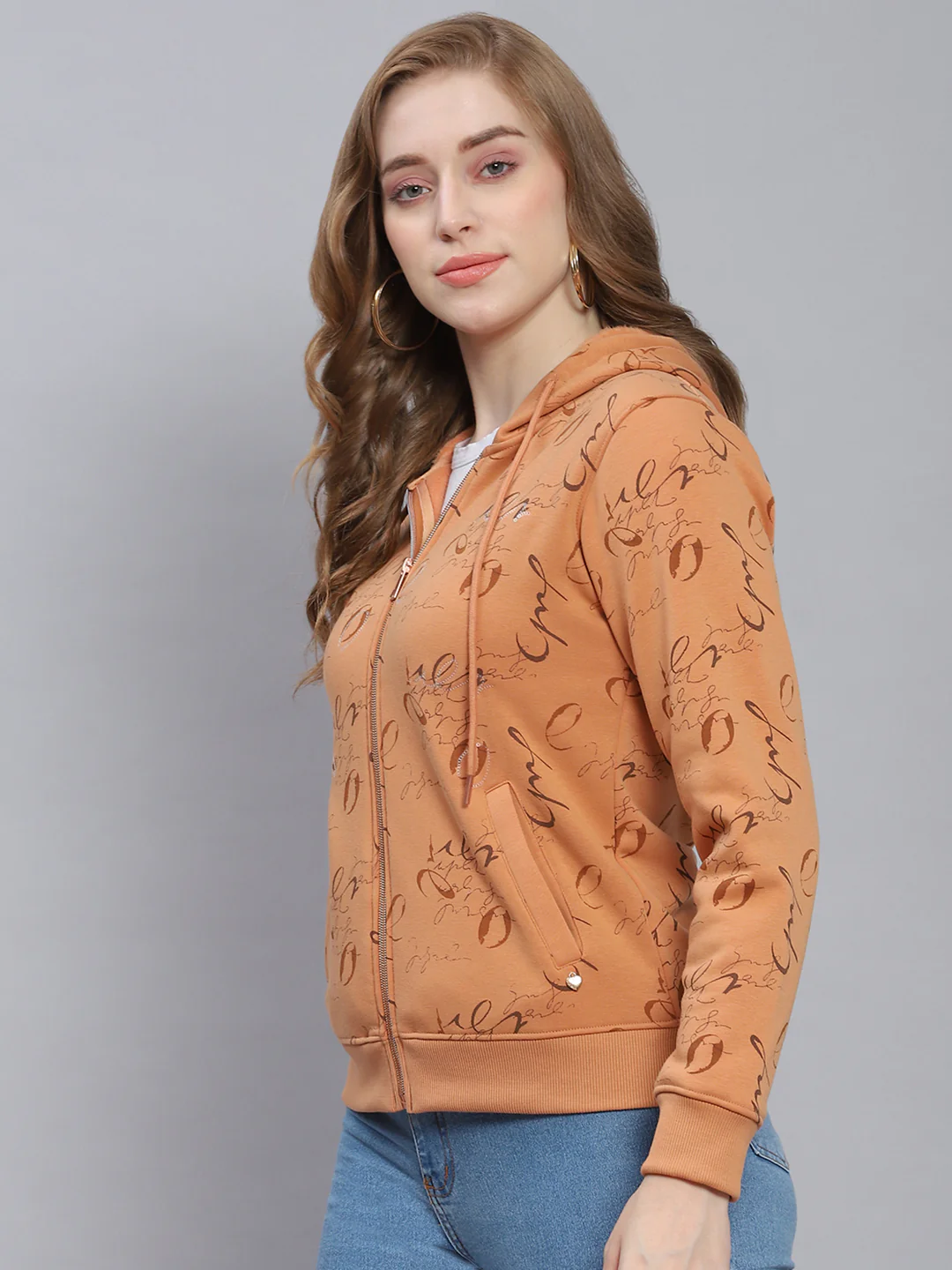 Women Brown Printed Hooded Full Sleeve Sweatshirts - Image 3