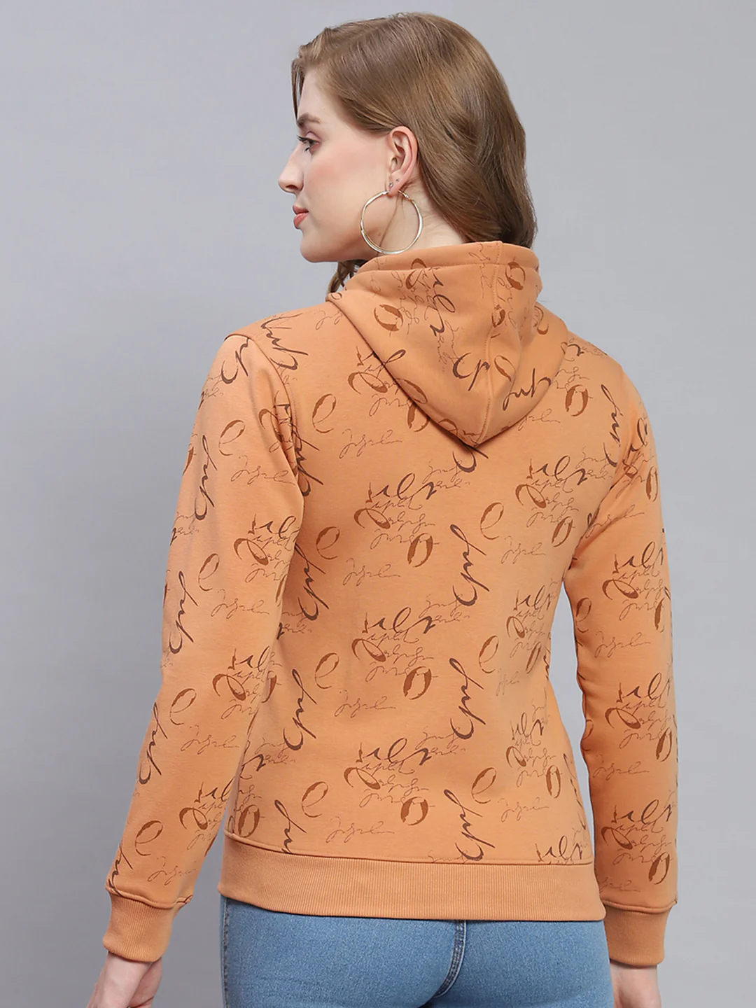 Women Brown Printed Hooded Full Sleeve Sweatshirts - Image 5