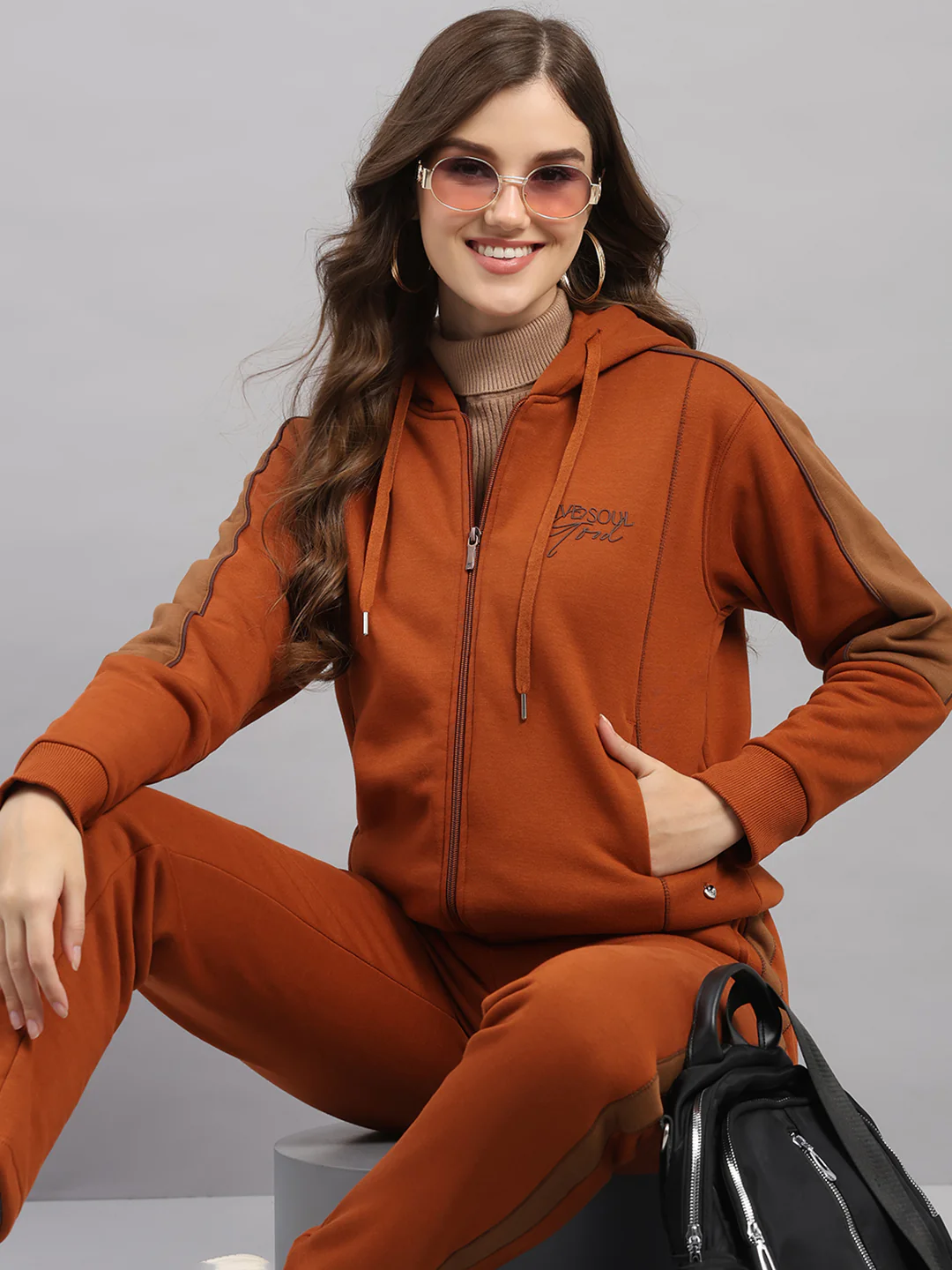 Women Brown Printed Hooded Full Sleeve Winter Tracksuit - Image 6